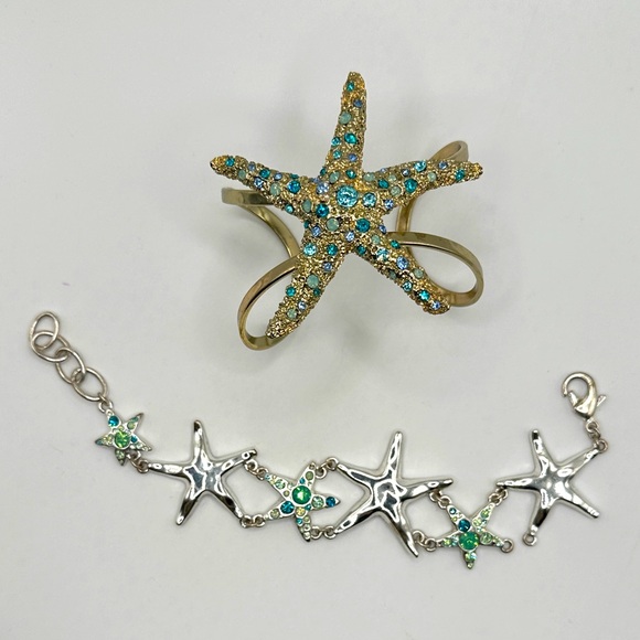 Jewelry - Lot of 2 Starfish Bracelets - Cuff, Gold Tone & Silvertone, Gemstones Green Blue